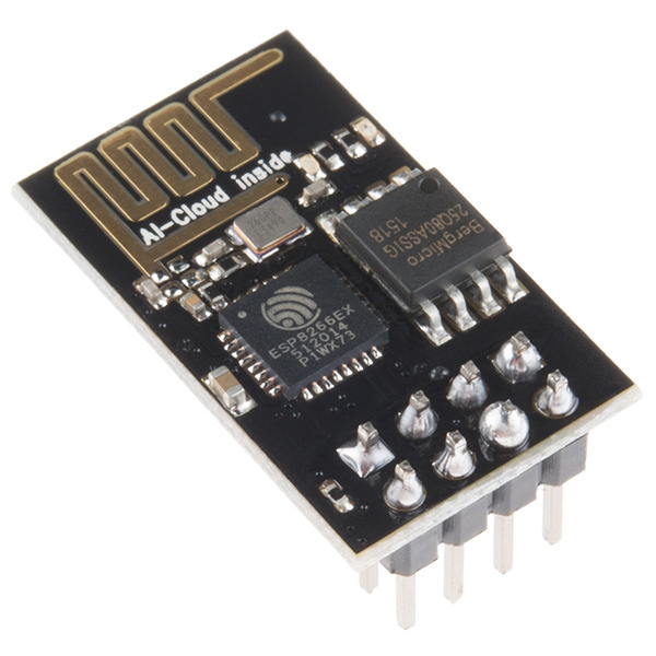 ESP-01 module — the original ESP8266-based WiFi module. The "S" variant adds 1 MB flash; pinout and footprint are identical.