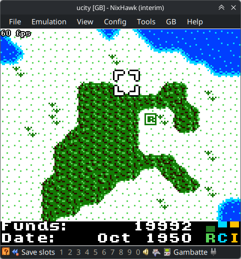 Game Boy Color homebrew running in an emulator. Representative of the GBC experience the PicoCalc + RP2350 delivers via peanutGB or gb-rp2350. Pico 1 cannot quite drive GBC at full speed; Pico 2 ha…