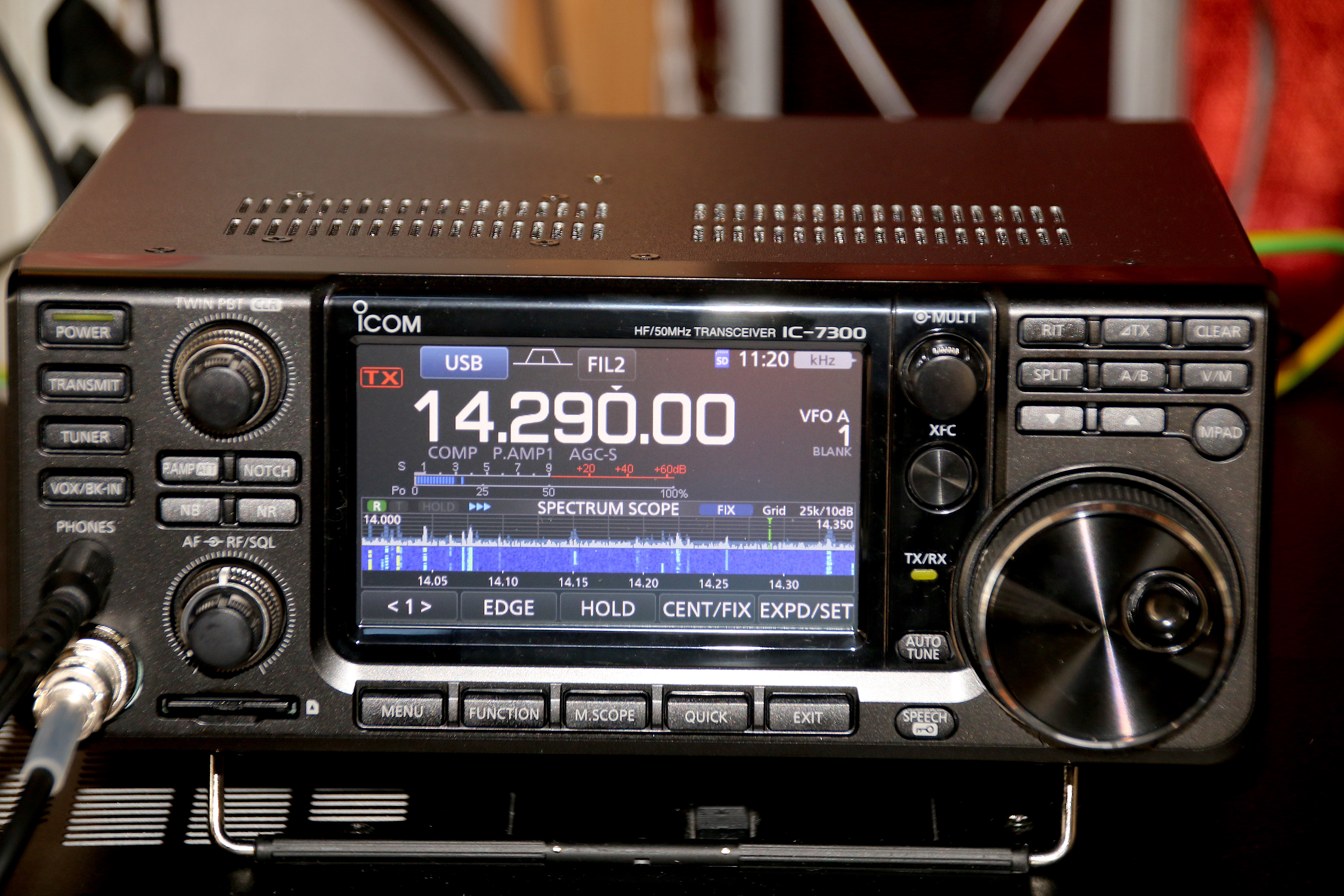 Icom IC-7300 HF/VHF transceiver — representative example of the modern desk-rig class the PicoCalc + Pi Zero pairs with for digital-mode operation. CAT control via USB, audio in/out via USB or rear…