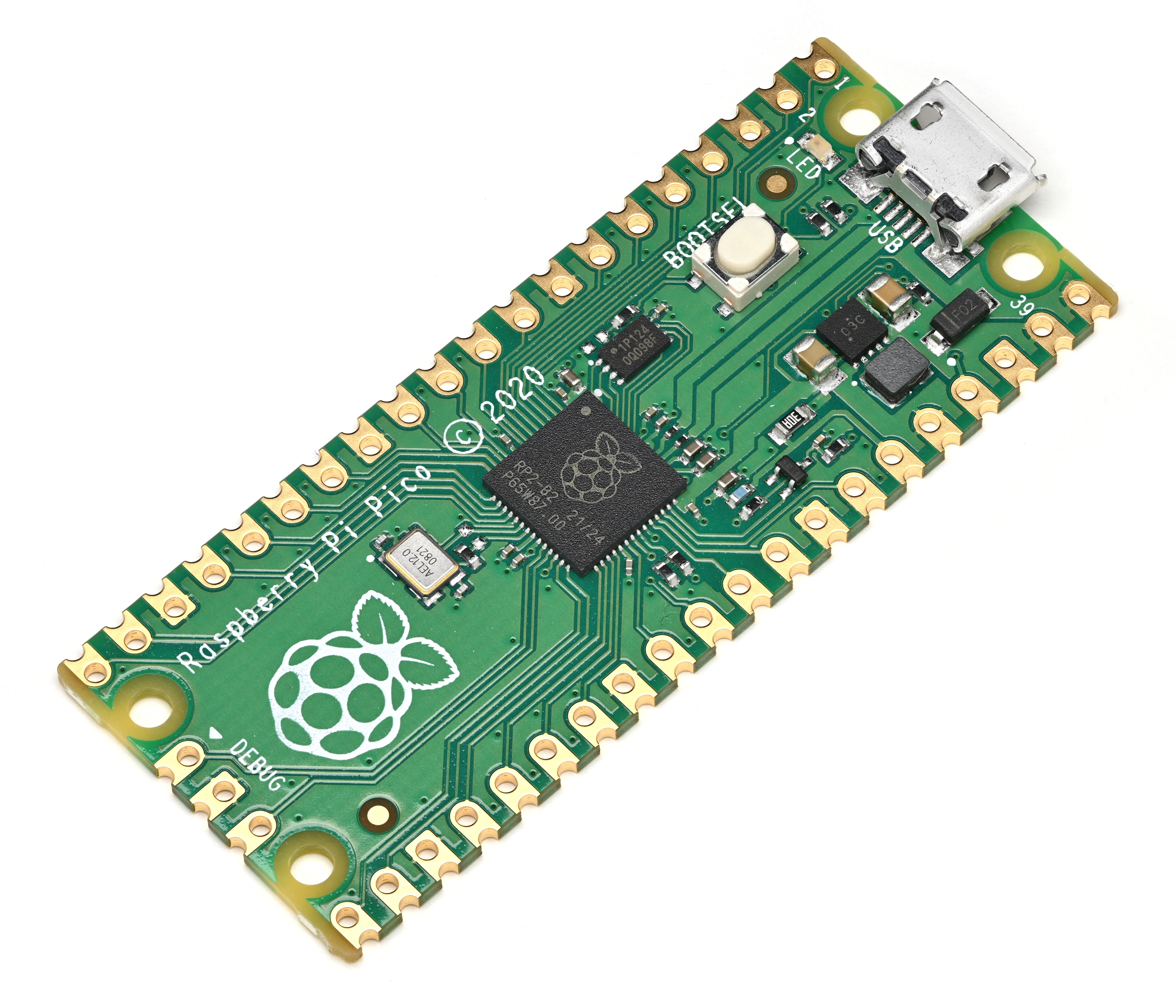 Raspberry Pi Pico (original, RP2040), oblique view. Castellated edges, no factory headers, micro-USB at one end, BOOTSEL pushbutton.