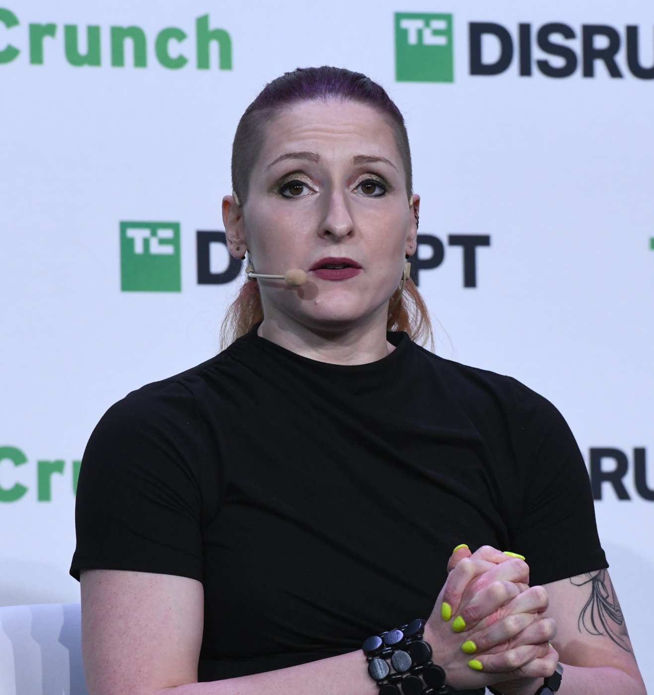 Lesley Carhart speaking at TechCrunch Disrupt, 2023. Carhart is the canonical figure for industrial / OT security incident response; she joined Dragos as a Principal Industrial Incident Responder i…
