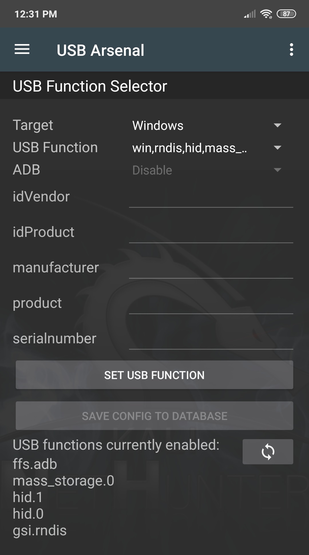 A Kali NetHunter USB-Arsenal control panel — an Android-phone-based HID-injection platform. The NetHunter ROM running on supported Android devices (Nexus, OnePlus, Pixel) presents itself to a conne…
