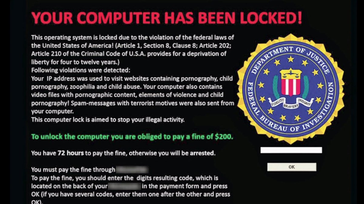 A ransomware-attack ransom-note screen — the visual signature of the genre. Generic illustrative screenshot; the user-facing pattern (full-screen lock-out, payment instructions in cryptocurrency, d…