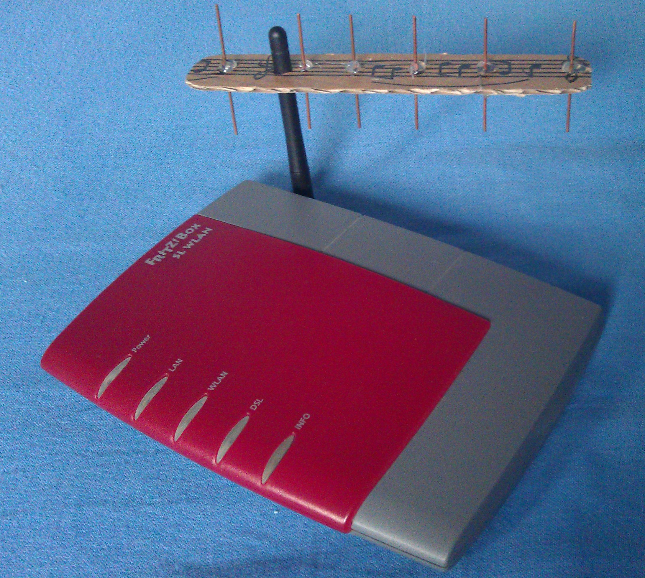 A Yagi-Uda directional antenna mounted to a Wi-Fi router. While most Wi-Fi research uses omnidirectional adapters, directional antennas like this one extend the practical range of capture and rogue…