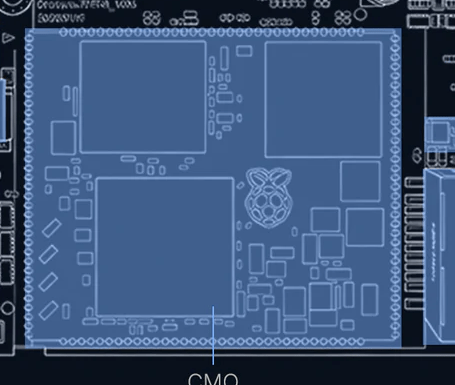 Figure 3 — 3 — The Raspberry Pi CM0 on the Cardputer Zero PCB (note the Raspberry Pi logo): the RP3A0 SiP — Broadcom BCM2710A1 (≈ BCM2837), quad Cortex-A53 with 512 MB LPDDR2 in-package — the same si…