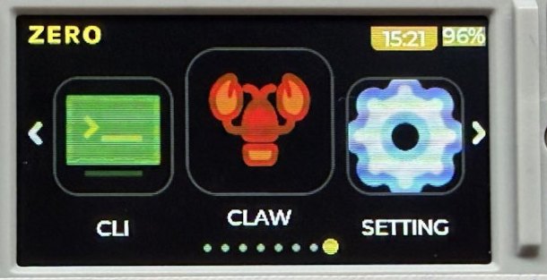 Figure 4 — 4 — The 1.9″ 320×170 IPS LCD (ST7789v3) rendering the on-device launcher — CLI, "CLAW," and SETTING tiles — under Linux. Photo: CNX Software (cnx-software.com).
