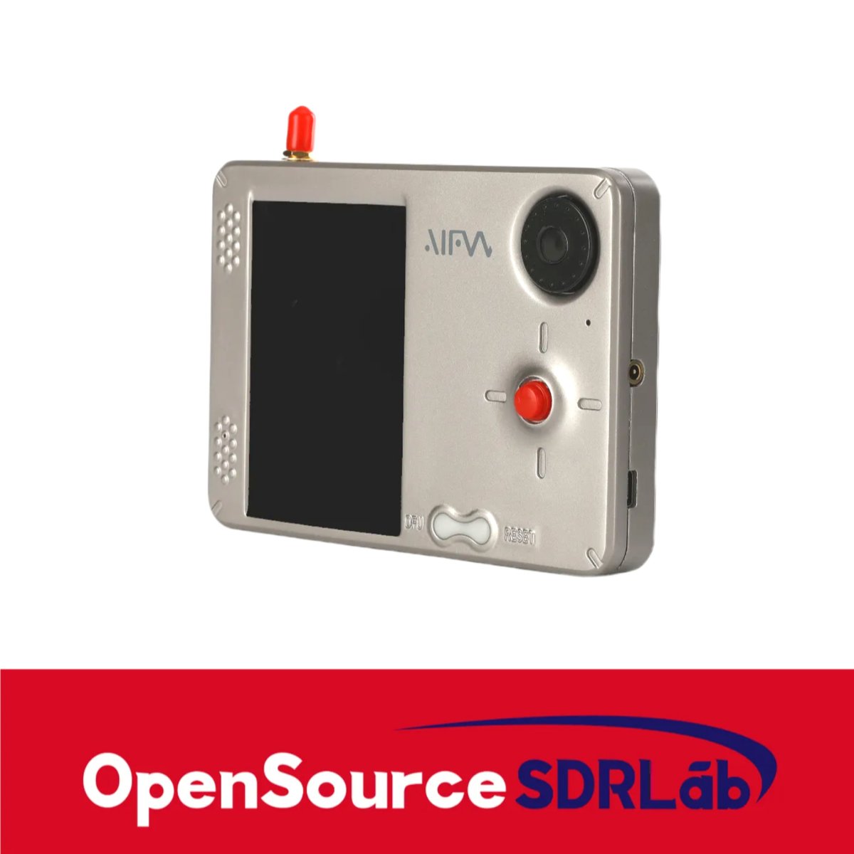 Figure 3.1 — The PortaRF from a three-quarter angle. The sealed single-box enclosure puts the RP-SMA antenna mount on the top edge and the USB-C and microSD on a side edge — every interface this vo…