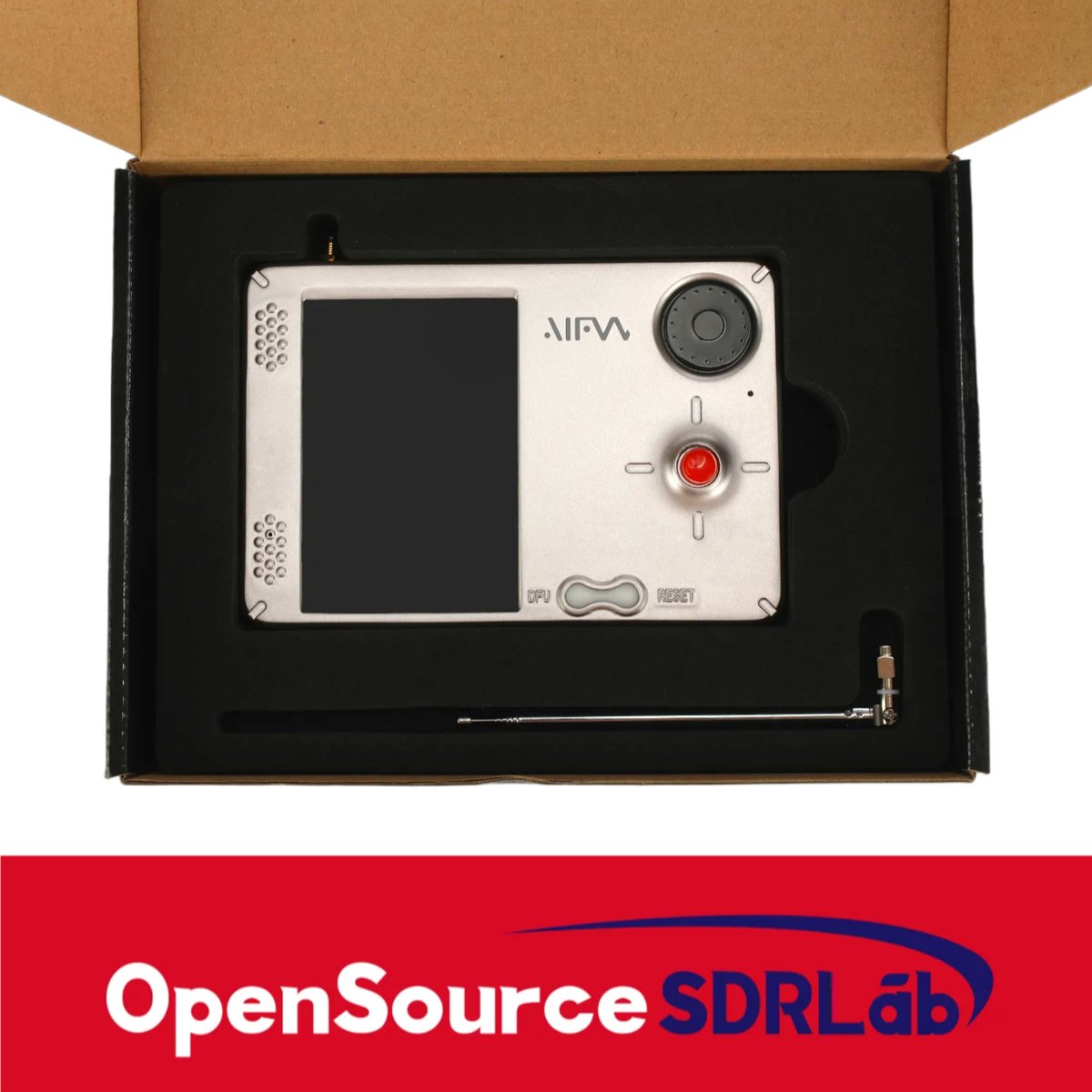 Figure 1.2 — "Sold as one box": the PortaRF ships assembled in a retail box with a telescoping whip antenna. The DIY equivalent — a HackRF, a PortaPack, a battery, an enclosure, four purchases and …