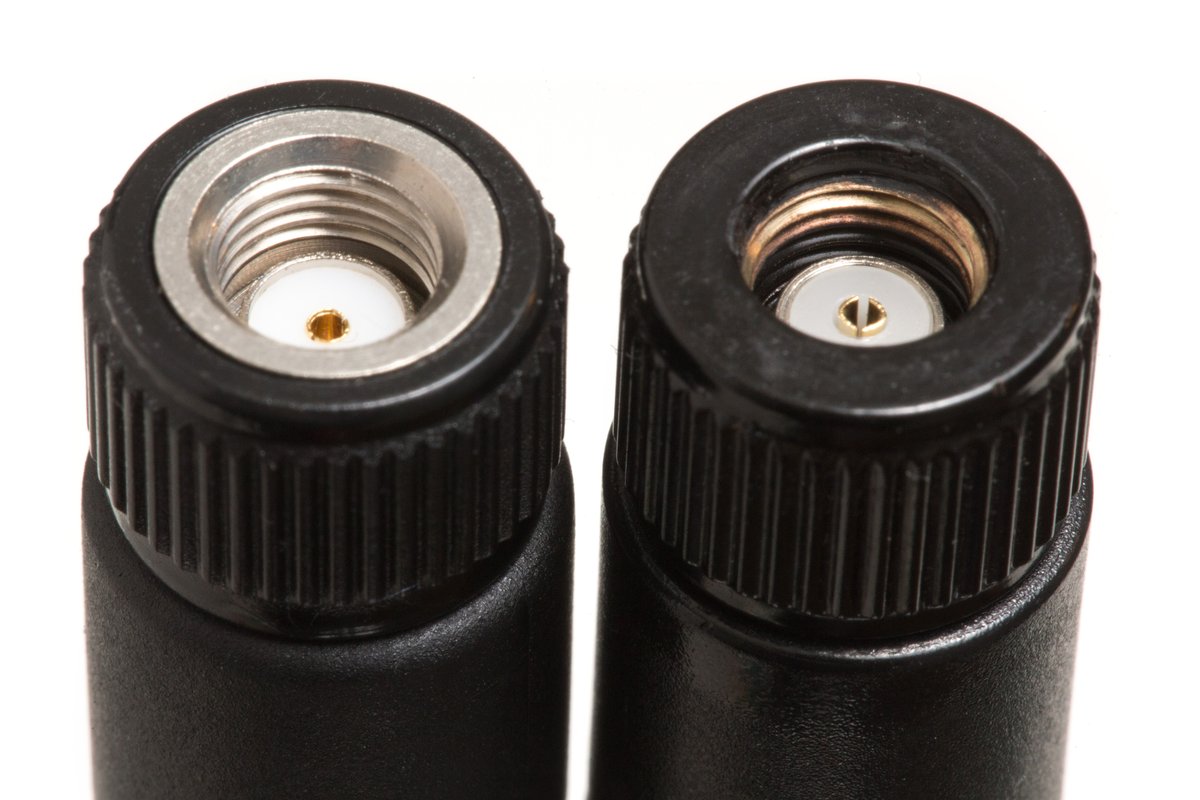Figure 3.3 — RP-SMA — reverse-polarity SMA. The PortaRF's single antenna connector follows the HackRF convention: an RP-SMA female socket on the top edge. SMA↔RP-SMA adapters are universal, so any …