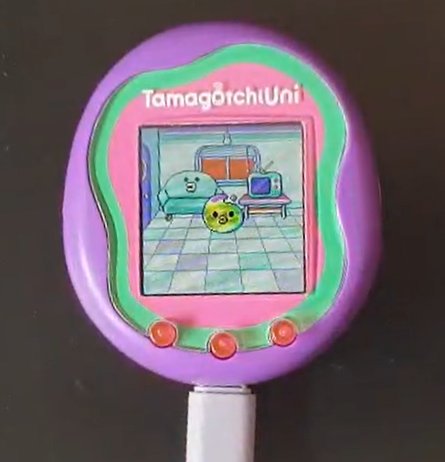 A first-generation Tamagotchi — the cultural touchstone the Pwnagotchi face engine consciously references. The "feed the pet" UX, the iconic LCD-pixel-art aesthetic, and the chirpy event sounds (th…
