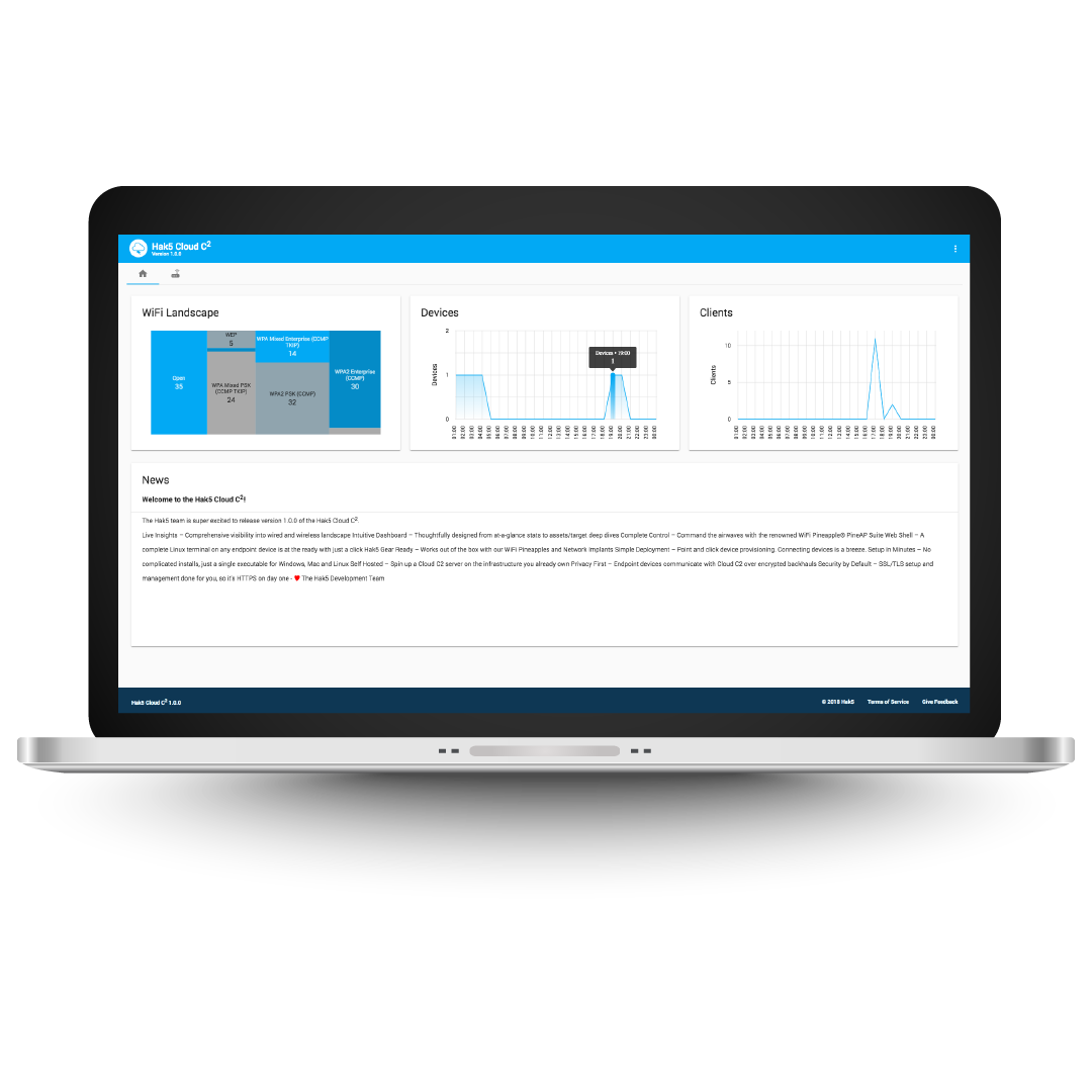 Figure 5.1 — The Hak5 Cloud C2 dashboard — the self-hosted server's web console. The WiFi Landscape, Devices, and Clients panels aggregate state across every enrolled device; this is how a Pineappl…