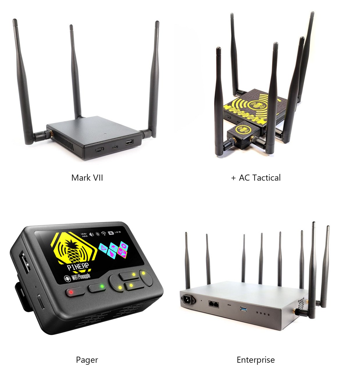 Figure 16.1 — The four current WiFi Pineapple models, side by side: the Mark VII baseline puck, the + AC Tactical field kit, the pocketable Pager, and the rack-mount Enterprise. The matrix above is…