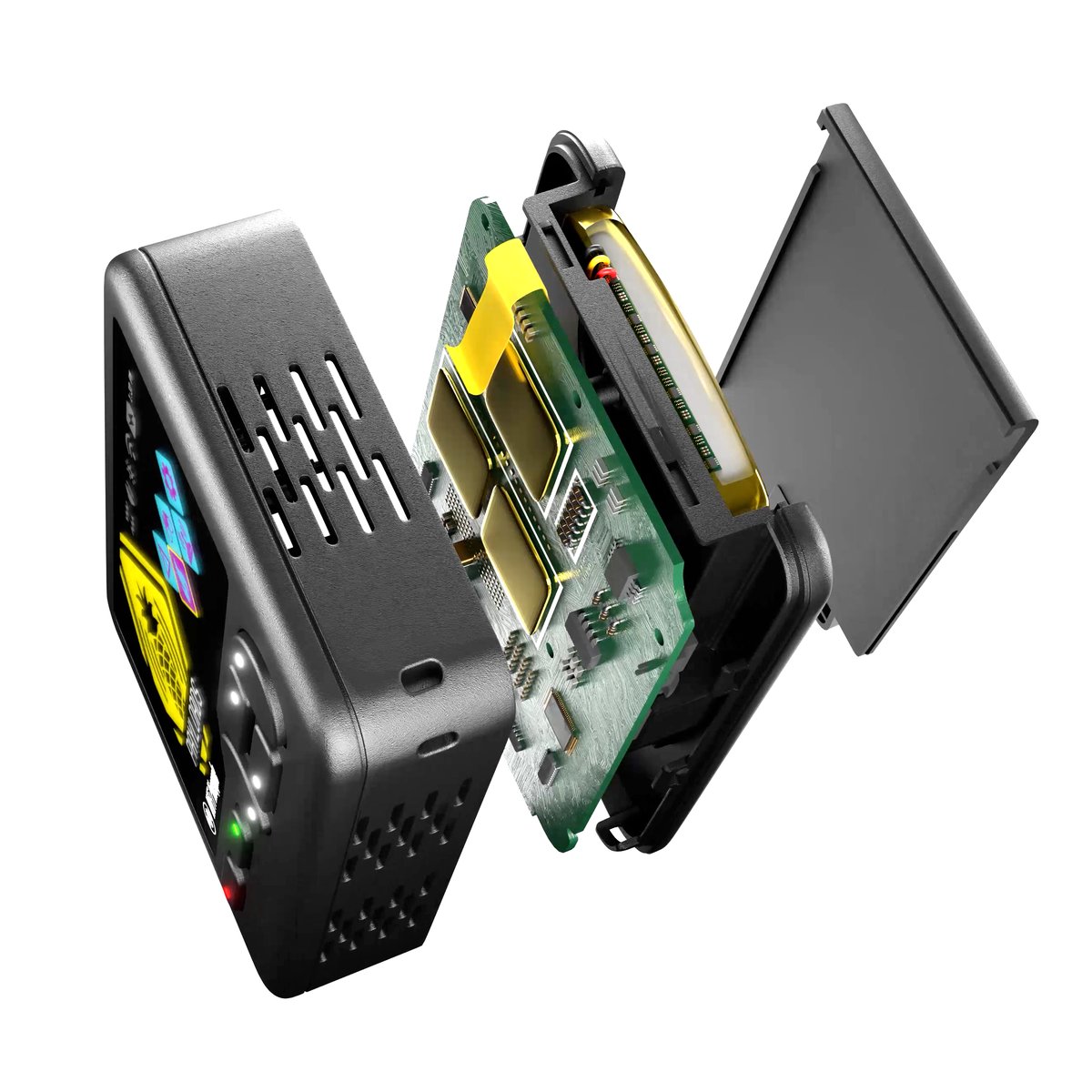 Figure 12.3 — The Pager, exploded. Front to back: the front housing with the color display, the main PCB carrying the dual-radio array and the shield-canned RF sections, the LiPo pouch cell, and th…