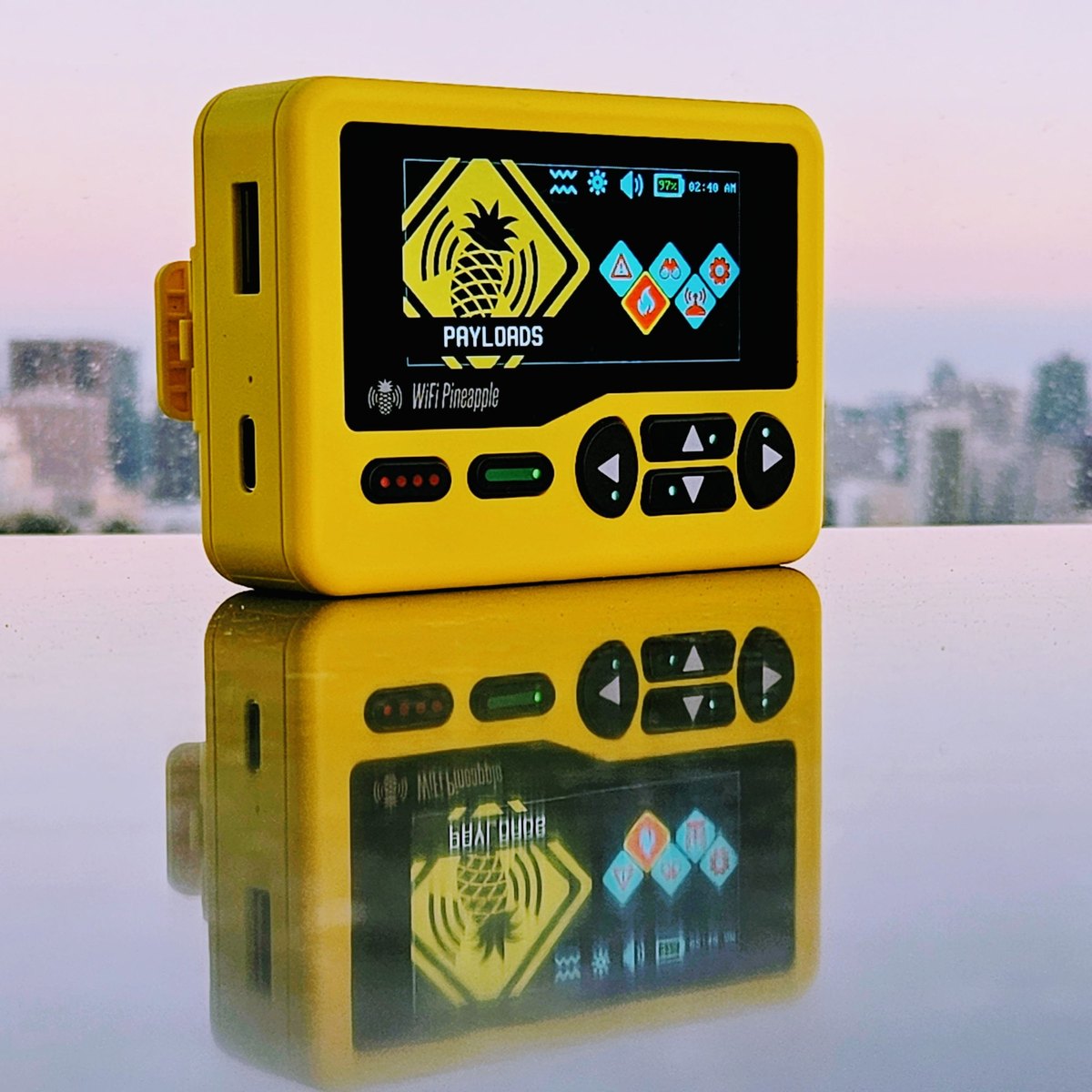 Figure 13.2 — The Pager is the only Pineapple built for this: run it from your hand, on its own battery, screen and buttons and feedback LEDs all on-device, while you walk a site. No laptop, no tet…