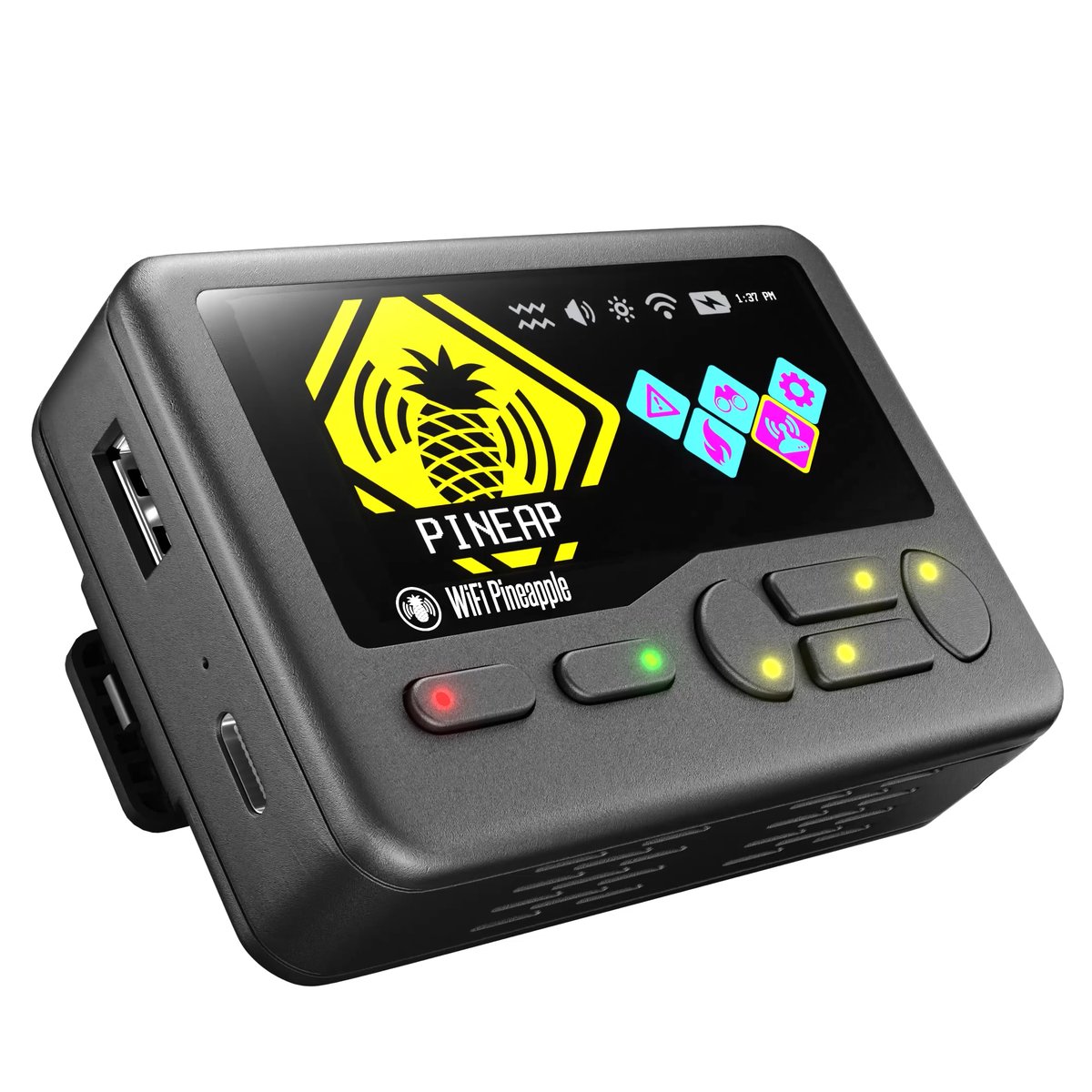 Figure 12.2 — The Pager's on-device interface, in detail: the color display (here showing the PineAP screen), the physical button cluster below it, the RGB feedback LEDs, and — along the edges — th…